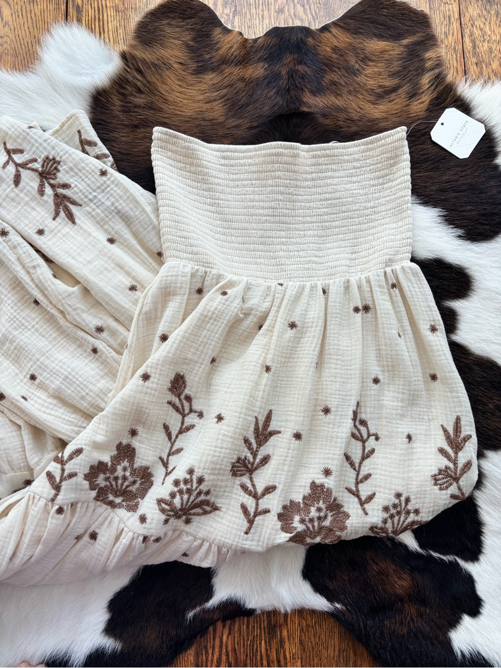 Altar'd State Cream Maxi Dress with Brown Floral Embroidery